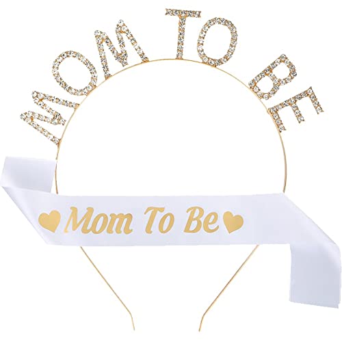 Vepoty Mom to Be Satin Schärpe Tiara Stirnband Set Strass Mom to Be Krone Stirnband Satin Schärpe für Baby Shower Party Dekoration von Vepoty