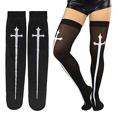 Vepoty Overknee Strümpfe Nonne Strümpfe mit Kreuzdruck Gothic Lolita Kniestrümpfe Cosplay Socken für Kostümzubehör von Vepoty