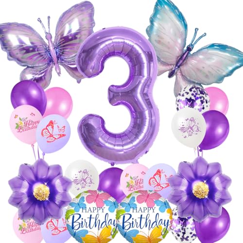 Schmetterling Ballon 3. Geburtstagsdeko Mädchen,Geburtstag Mädchen 3 Jahre,Luftballons Geburtstag Mädchen,Lila Schmetterling Folienballon,Geburtstagdeko Party Dekoration für Kinder von VerLuky