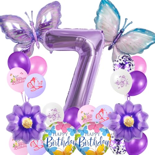 Schmetterling Ballon 7. Geburtstagsdeko Mädchen,Geburtstag Mädchen 7 Jahre,Luftballons Geburtstag Mädchen,Lila Schmetterling Folienballon,Geburtstagdeko Party Dekoration für Kinder von VerLuky