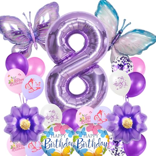 Schmetterling Ballon 8. Geburtstagsdeko Mädchen,Geburtstag Mädchen 8 Jahre,Luftballons Geburtstag Mädchen,Lila Schmetterling Folienballon,Geburtstagdeko Party Dekoration für Kinder von VerLuky