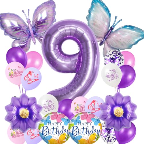 Schmetterling Ballon 9. Geburtstagsdeko Mädchen,Geburtstag Mädchen 9 Jahre,Luftballons Geburtstag Mädchen,Lila Schmetterling Folienballon,Geburtstagdeko Party Dekoration für Kinder von VerLuky