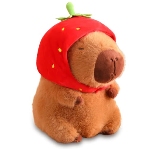 Capybara Kuscheltier, 23 cm Capibara Plüschtier, Wasserschwein Kuscheltier, Niedliche Capybara Kuscheltier Plush mit Erdbeerkopfbedeckung, Spielzeug Stofftier Capybara, Geschenk für Erwachsene Kinder von VerLuky