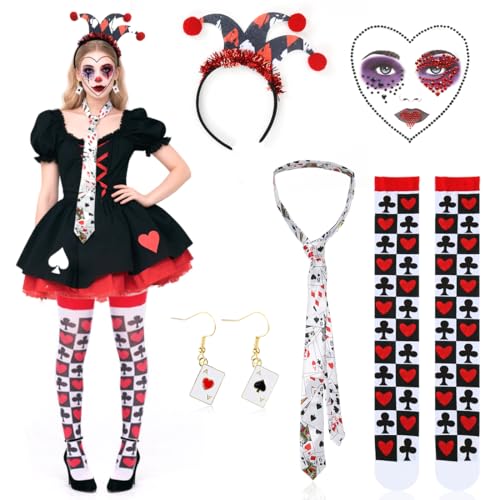 VerLuky Herzkönigin Kostüm Set Damen mit Pokerkarten Krawatte,Joker Haarband,Ohrringe,Halterlose Strümpfe und Gesicht Strass,Casino Kostüm Damen,Spielkarten Accessoire für Karneval Halloween Party von VerLuky