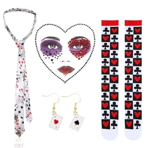 VerLuky Herzkönigin Kostüm Set Damen mit Pokerkarten Krawatte,Ohrringe,Halterlose Strümpfe und Gesicht Strass,Casino Kostüm Damen,Spielkarten Accessoire für Karneval Halloween Party von VerLuky