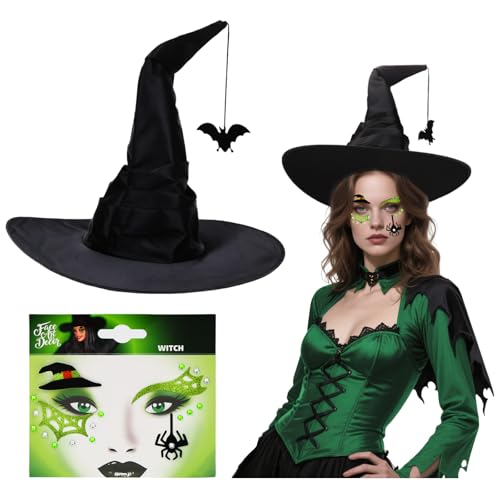 VerLuky Hexenhut Damen und Hexe Aufkleber Gesicht Set,Schwarz Hexe Halloween Hüte mit Fledermaus Anhänger,Hexen Zubehör für Karneval Fasching Halloween Festival von VerLuky