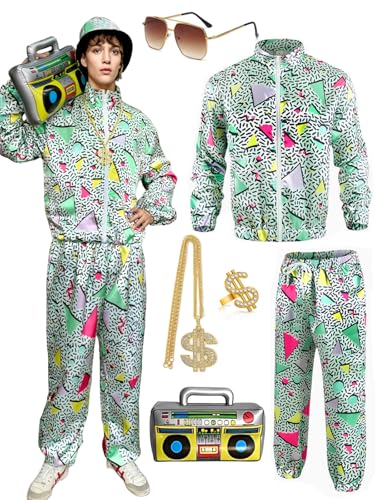 Vercico 80er Jahre Verkleidung Herren 90er Jahre Fasching Rapper Kostüm mit Rapper Zubehör Muschelanzug 80er Jahre Trainingsanzug (Blau, XXL) von Vercico