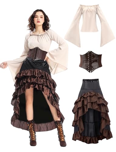 Vercico Mittelalterliches Piratenkostüm für Erwachsene, Retro-Korsett mit elastischem Bund, Steampunk-Renaissance-Outfit für Halloween und Fasching von Vercico