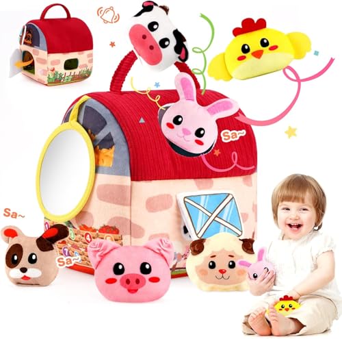 Montessori Bauernhof Spielzeug Set für Babys, 6-12 Monate, mit Scheune, Rassel, Spiegel, Sensorisches Lernspielzeug von Verdantree