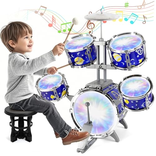 Schlagzeug Kinder mit Lichtern, 5 Trommels mit Hocker Percussion, Musikinstrument Lernspielzeug Spielzeug Geschenk für Kinder ab 3 Jahre Mädchen und Jungen von Verdantree