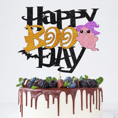 Verherer 1 x Halloween-Kuchenaufsatz – Happy Birthday-Dekorationen mit schwarzem Glitzergeist, schwarzer Katzenbesen, Motto-Party-Dekoration (Halloween, Happy Boo Day) von Verherer