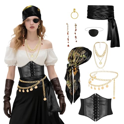 Piratenkostüm-Zubehör-Set für Damen, mit Kopftuch, Wickeltuch, Piraten-Korsett, Augenklappe, Ohrringe, Halskette, Schärpe, Kette, Gürtel, Schwarz von Vermeyen