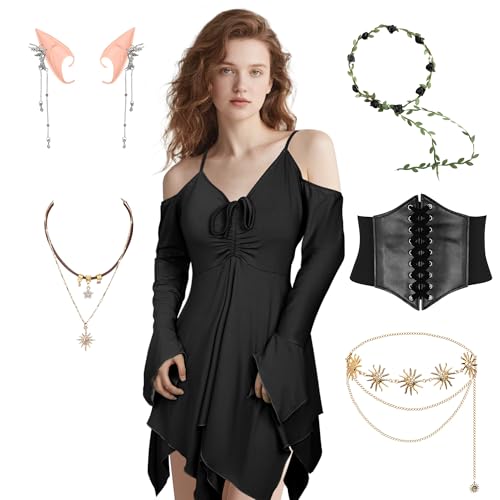 Vermeyen Feen-Taschentuchkleid, fließendes schulterfreies Gothic-Kostüm für Damen, Renaissance-Kostüm für Damen, Halloween, Cosplay, Schwarz, Größe XL von Vermeyen