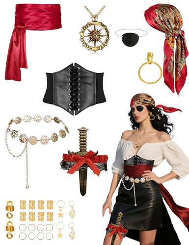 Vermeyen Piratenkostüm-Zubehör-Set für Damen, Piraten-Kopftuch, Gürtel, Taillenkette, Korsett für Halloween, Cosplay, Rot/Ausflug, einfarbig (Getaway Solids), M von Vermeyen