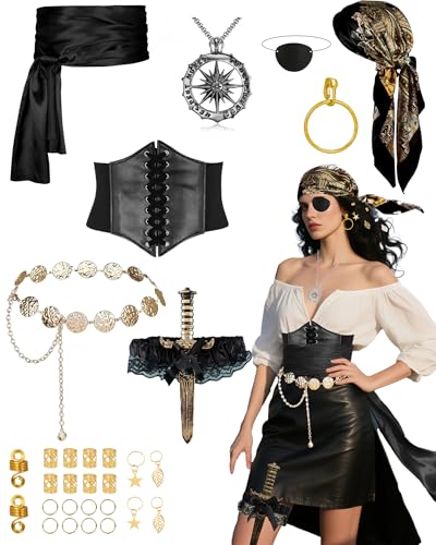 Vermeyen Piratenkostüm-Zubehör-Set für Damen, Piraten-Kopftuch, Gürtel, Taillenkette, Korsett für Halloween, Cosplay, Schwarz, M von Vermeyen