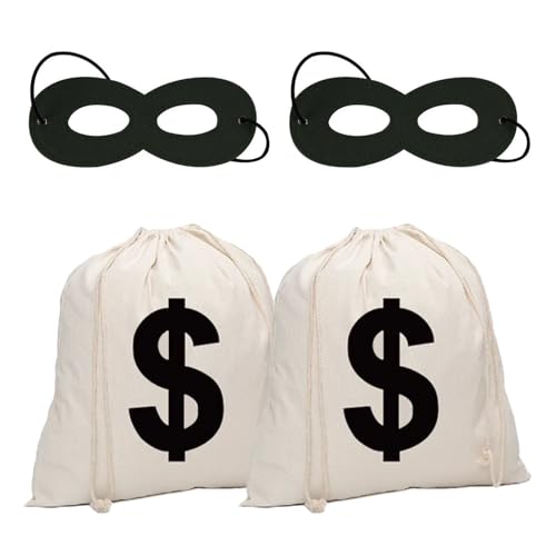 Vernerth 4 x Geldbeutel mit Dollarzeichen und Einbrechermaske, weißer Räuber-Kostüm, Geldbeutel mit Kordelzug, Geldbeutel, Zubehör für Halloween, Karneval, Cosplay, Kinder und Erwachsene von Vernerth