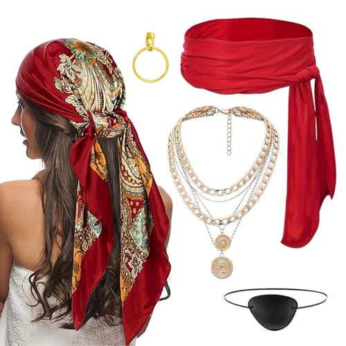 Vesidoloy Piratenkostüm-Zubehör-Set, 5-teiliges Piraten-Rollenspiel-Outfit, mit Kopftuch, Schärpe, Gürtel, Ohrring, Augenklappe, Halskette, für Halloween-Party, Maskerade, Bühnenauftritt Vesidoloy Piratenkostüm-Zubehör-Set, 5-teiliges Piraten-Rollenspiel-Outfit, mit Kopftuch, Schärpe, Gürtel, Ohrring, Augenklappe, Halskette, für Halloween-Party, Maskerade, Bühnenauftritt von Vesidoloy