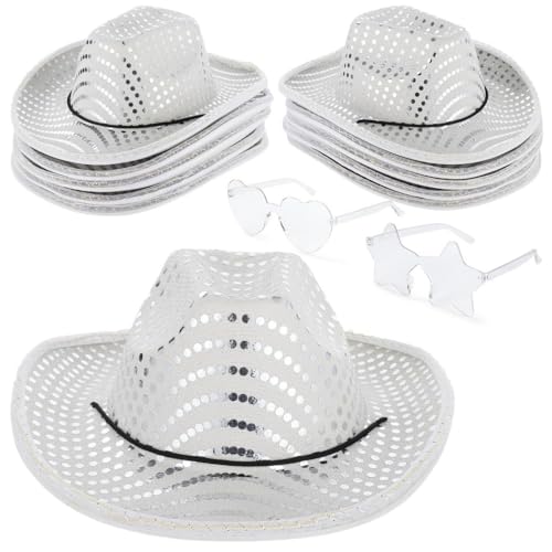 20-teiliges LED-beleuchtetes Cowboyhüte & -brillen-Set, enthält 10 Paillettenhüte & Herz-Stern-Brille, ideal für Western-Rollenspiele und Party-Cosplay von Vestamore