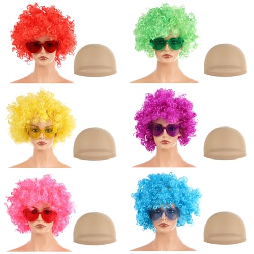 Vestamore Neonfarbene Clown-Perücken, bunt, gelockt, Afro-Puff-Haarteile, Herz-Sonnenbrille und Perückenkappen für Partys, ideales Kostümzubehör für Frauen, 6 Stück Vestamore Neonfarbene Clown-Perücken, bunt, gelockt, Afro-Puff-Haarteile, Herz-Sonnenbrille und Perückenkappen für Partys, ideales Kostümzubehör für Frauen, 6 Stück von Vestamore
