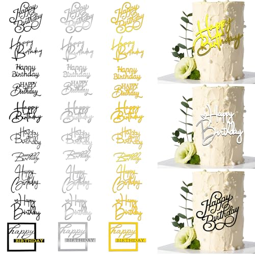 30 Stück Happy Birthday Tortendeko Cake Topper Geburtstag Acryl Tortendeko Geburtstag Cake Topper Happy Birthday Kuchen Deko für Geburtstagsfeiern Babyparty 8 Stile(Gold, Silber, Schwarz) von Veszoen