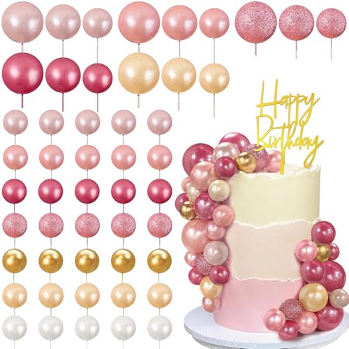 48 Stück Tortendeko Kugeln Cake Topper Buntes Torten Deko Kugeln Torte Dekoration DIY Tortendeko Geburtstag Schaum Ball Torten Topper für Hochzeit Geburtstag Party(Rosa, Gold) von Veszoen