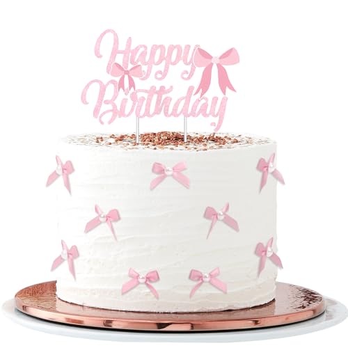 VewePata Cake Topper Geburtstag,18 Stück Mini Rosa Schleifen+Perlen Tortenaufleger mit Happy Birthday Tortendeko Schild,Tortendeko Hochzeit,Torten Deko-Junggesellinnenabschied Dekoration (Rosa) von VewePata