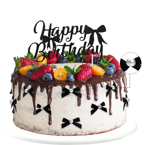 VewePata Cake Topper Geburtstag,18 Stück Minischwarze Schleife+Perlen Tortenaufleger mit Happy Birthday Tortendeko Schild,Tortendeko Hochzeit,Torten Deko-Junggesellinnenabschied Dekoration (Schwarz) von VewePata