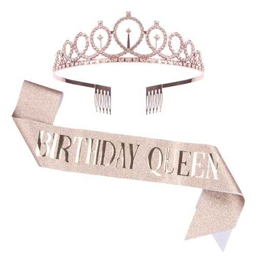 VewePata Geburtstags Krone,Kristall Prinzessin Diadem,Geburtstagsschärpe,Erwachsenwerden Zeremonie Jungesellinenabschied Accessoires, Party Dekoration Birthday Queen (Roségold) von VewePata