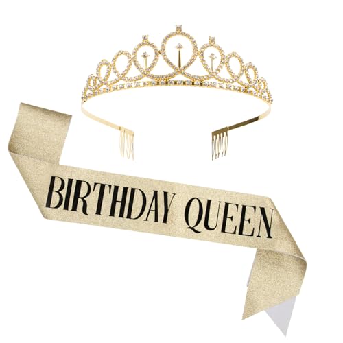 VewePata Geburtstags Krone,Kristall Prinzessin Diadem,Geburtstagsschärpe,Erwachsenwerden Zeremonie Jungesellinenabschied Accessoires, Party Dekoration Birthday Queen (Gold) von VewePata