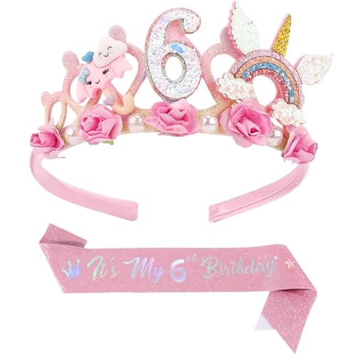 Vexilon Glitzer-Geburtstagsschärpe für Mädchen, Stirnband mit Blumen und Regenbogen, Schärpe und Diadem für Mädchen, Geburtstagsgeschenke, Dekoration, Partyzubehör von Vexilon