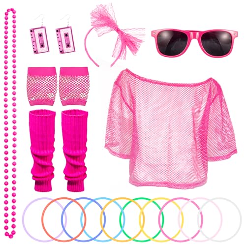 80er 90er Jahre Outfit Damen Set–20 Pcs 80er Jahre Accessoires, Kleidung Neon-Kostüme für Damen Klebeband Ohrringe Stirnbänder Halsketten Stirnbänder Sonnenbrillen Neon Party Outfit Karneval Halloween von Vexlyn