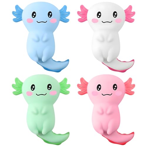 4 Stück Axolotl Squeeze Toy – Stressabbau & Sensorisches Spielzeug, Squishy Anti-Stress Spielzeug für Kinder & Erwachsene, Glitzernde Axolotl Fidget Toys(Grün, Blau, Pink, Weiß) von Vexran