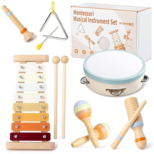 8-in-1 Montessori Musikinstrumente Kinder ab 1 Jahr Holz – Xylophon Trommel Triangel Maracas Flöte Klangrolle – Lernspielzeug Baby Musikspielzeug Schlagzeug Kinderspielzeug ab 2 3 Jahre von Vexran
