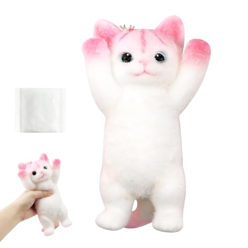 Katzen Squeeze Stress Spielzeug – Flauschige Antistress Katze mit Simuliertem Fell, Squishy Squeeze Toy zum Kneten, Stressabbau & Entspannung für Kinder & Erwachsene (Weiß mit Rosa) von Vexran