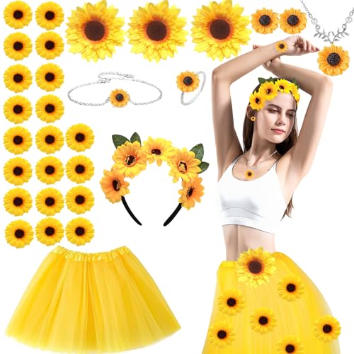 Vexran Sonnenblumen Kostüm Damen, 31 Stück Sonne Blumen Kostüm Damen mit Tüllrock Anhänger Ohrringe Haar Accessoire, für Faschingskostüme Mottoparty von Vexran