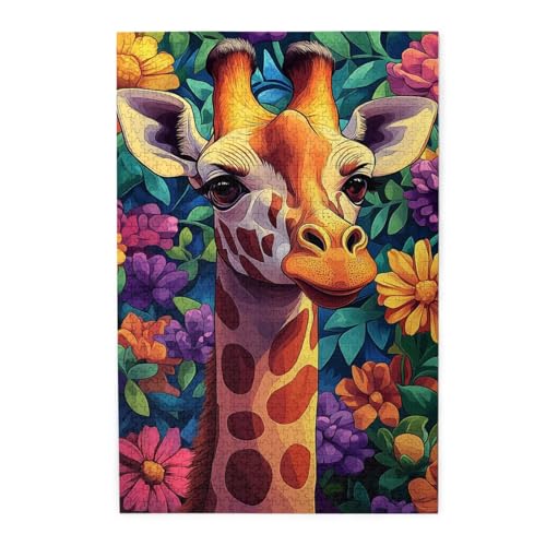 Vextrovia 1000 Teile Holzpuzzle Erwachsene Giraffe in Blumen Retro Visuelle Klassische Ästhetik Party Brainstorming Stressabbau Spieleabend Wahl Tolles Geschenk für Familie und Freunde von Vextrovia