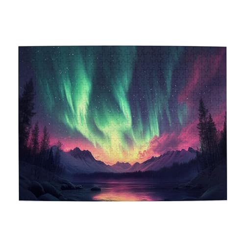 Vextrovia Aurora Borealis at Night Puzzle für Erwachsene 500 Teile Erwachsene Puzzles Landschaftsfotografie - Aurora Borealis am See Holzpuzzle Stressabbau Vergnügen von Vextrovia