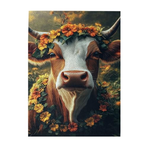 Vextrovia Holzpuzzles für Erwachsene, 500 Teile, Brainstorming zum Stressabbau, Blumen und Kühe, schickes Kunstwerk im Landhausstil, ideal für Spieleabende, Geschenke für Vintage-Kunstliebhaber von Vextrovia