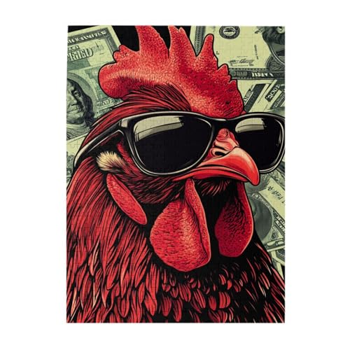 Vextrovia Holzpuzzles für Erwachsene, 500 Teile, Hahn in Sonnenbrille, lustige Tierwandkunst, perfekt für Familie und Freunde, ideal zur Entspannung und Präsentation für Puzzle-Enthusiasten von Vextrovia