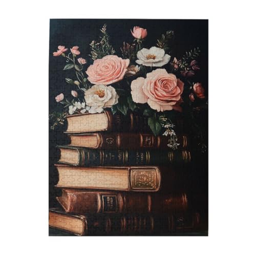 Vextrovia Holzpuzzles für Erwachsene 500 Teile, Mittelalterlicher Stil Wandkunst, klassische Ästhetik, Vintage-Bücher und romantische Blumen, energetisches Brainstorming und stressabbauende Spiele von Vextrovia