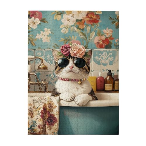 Vextrovia Lustiges Erwachsenen-Badezimmer-Thema Holzpuzzle, Katze in der Badewanne, Puzzles für Erwachsene 500 Teile, Holzpuzzles, Puzzles, die Spaß mit der Familie machen, sind gut für Geist und von Vextrovia