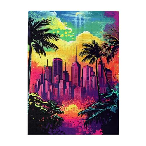 Vextrovia Puzzles für Erwachsene, 500 Teile, psychedelische Illustrationen, Sommer-Stadtlandschaften, Holzpuzzles, moderne Heimdekoration, stressabbauende Spiele zum Vervollständigen mit Freunden auf von Vextrovia