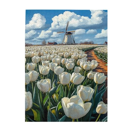 Vextrovia Romantisches Blumenmeer und Windmühlen, 500 Stück Holzpuzzles für Erwachsene, lebendige Heimdekoration, Brainstorming und Party-Stressabbau-Spiele, einzigartige Designs, Geschenke für von Vextrovia