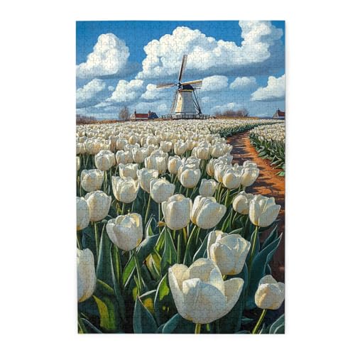 Vextrovia Romantisches Meer von Blumen und Windmühlen, 1000 Stück Holzpuzzles für Erwachsene, lebendige Heimdekoration, Brainstorming und Party-Stressabbau-Spiele, einzigartige Designs, Geschenke für von Vextrovia