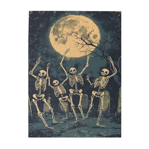 Vextrovia Vintage-Illustration: Skelett im Mondschein, Holzpuzzle, Erwachsenen-Puzzle, Totenkopf-Puzzle für Erwachsene, 500 Teile, Urlaubspuzzle-Geschenke, Urlaubsparty-Puzzle-Spiel von Vextrovia