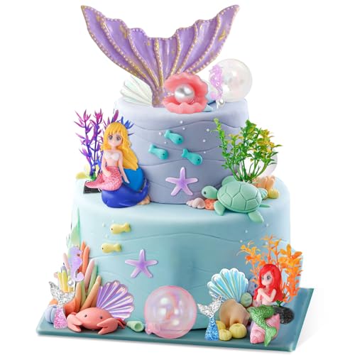 Vezerd Tortendeko Geburtstag,19 Stück Kuchen Deko Cute Meerjungfrau Cake Topper Geburtstag,Ozean Theme Happy Birthday Tortendeko für Mädchen Junge Party Torten Deko von Vezerd