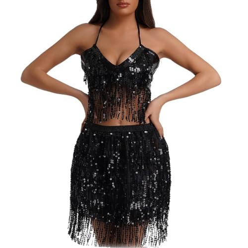Vhersily 2 Stück Rock mit Pailletten für Damen, Bauchtanz-Kostüm für Damen, Top mit Pailletten, Quastenkostüm, Karneval, Cosplay Kostüm, Schwarz , XL Vhersily 2 Stück Rock mit Pailletten für Damen, Bauchtanz-Kostüm für Damen, Top mit Pailletten, Quastenkostüm, Karneval, Cosplay Kostüm, Schwarz , XL von Vhersily