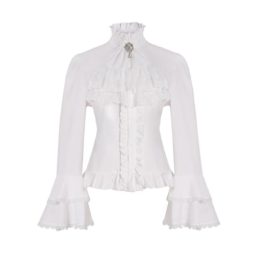 Vhersily 2025 Mittelalter Bluse Damen Mittelalter Kostüm Damen Viktorianisch Vintage Langarm Rüschen Gothic Steampunk Renaissance Kostüm Piraten Kostüm von Vhersily