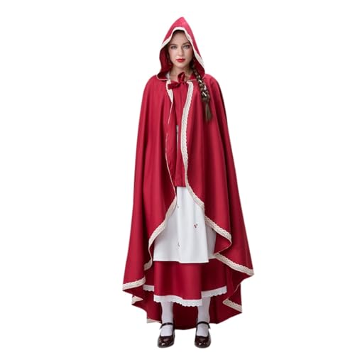 Vhersily Damen Gothic Kostüm Rotkäppchen Karneval Kostüm mit Umhang Zubehör Tier Spiel Rolle Erwachsene Cosplay, rot, M von Vhersily