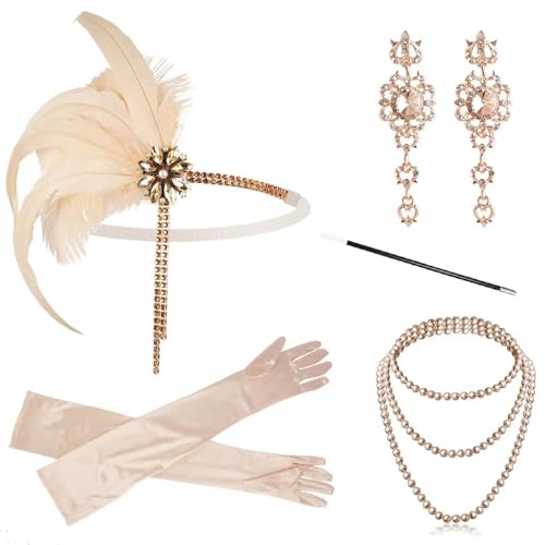Vhersily Karneval Fasching Party Accessoires Set im Stil der 1920er Jahre Stirnband mit Fransen Feder Gelb Vintage 1920s Damen Fasching Karneval Vhersily Karneval Fasching Party Accessoires Set im Stil der 1920er Jahre Stirnband mit Fransen Feder Gelb Vintage 1920s Damen Fasching Karneval von Vhersily
